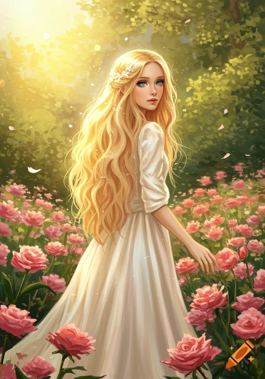 A blonde woman in a white dress stands in a field of pink roses under a bright, golden light, looking back over her shoulder.