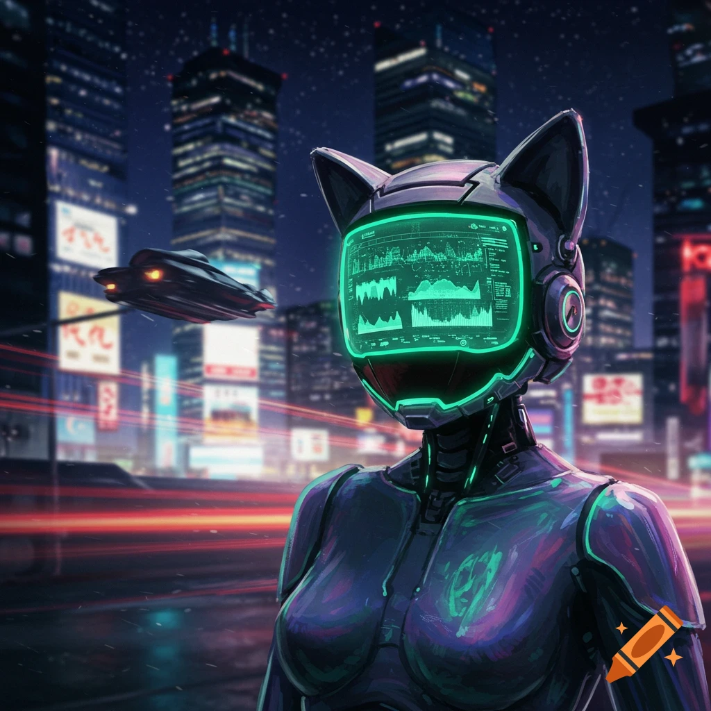 A screen-faced robot with cat ears stands in a neon-lit cyberpunk city at night, with a flying vehicle in the background.