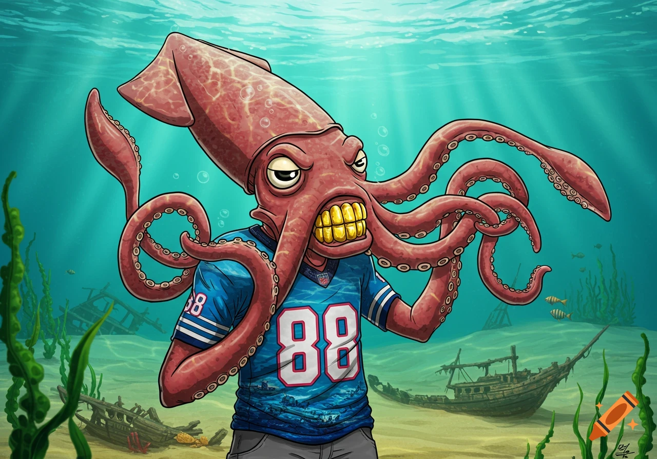 A cartoonish squid with a gold grill wearing a blue football jersey with '88' on it, standing on the ocean floor with sunken ships.