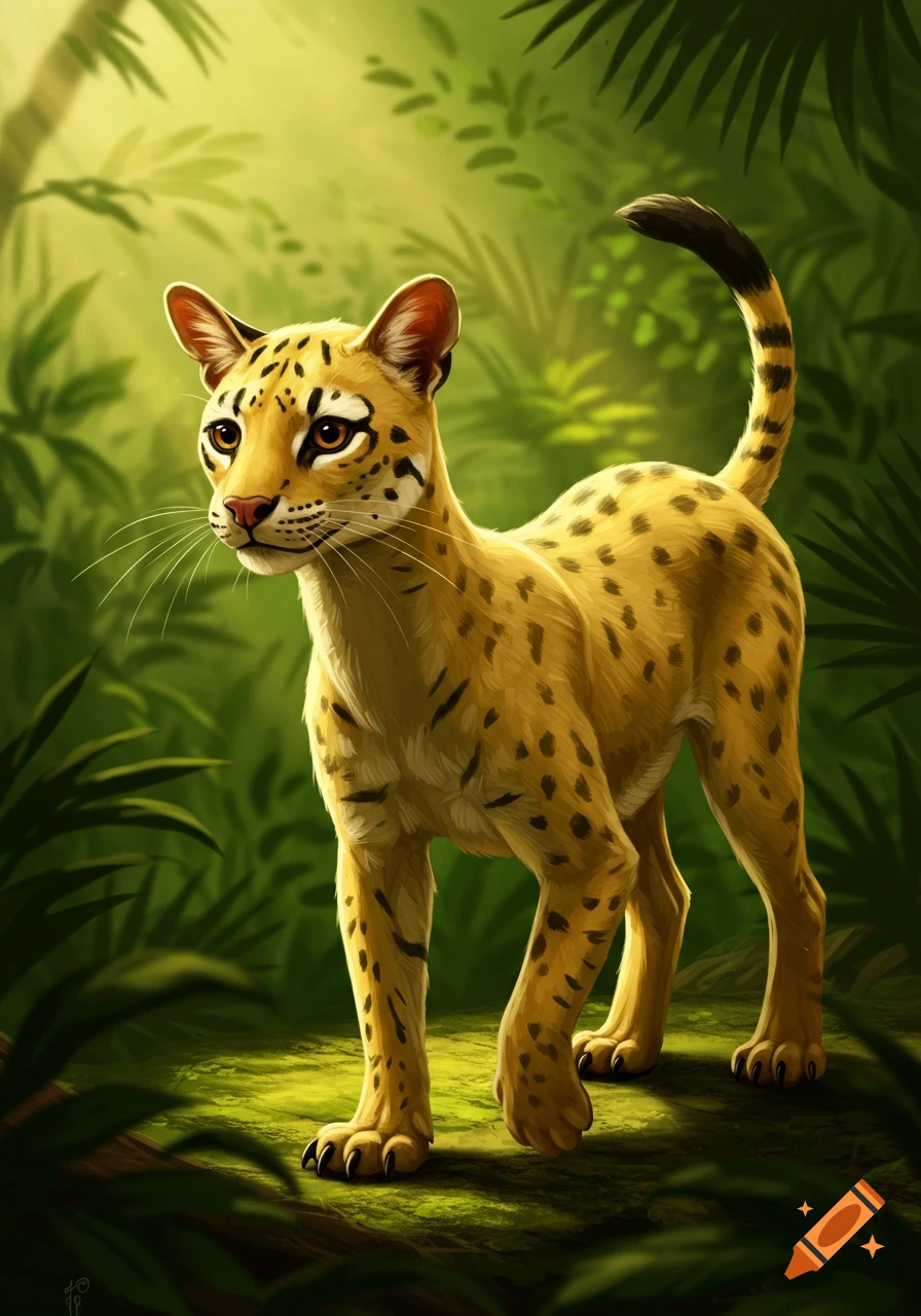 A stylized ocelot-like cat with yellow and black spots stands in a vibrant green jungle with glowing light.
