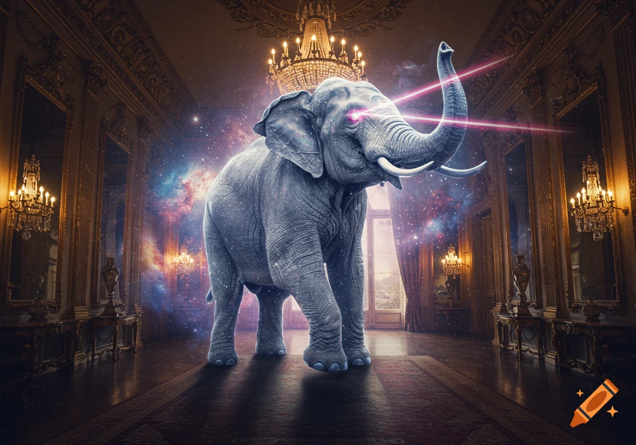 A large elephant with glowing red eyes shoots pink lasers while standing in a grand, ornate room merged with a vibrant galaxy.