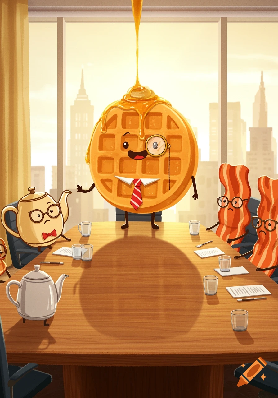 Whimsical cartoon of an anthropomorphic waffle leading a business meeting with teapot and bacon strip characters in an office.