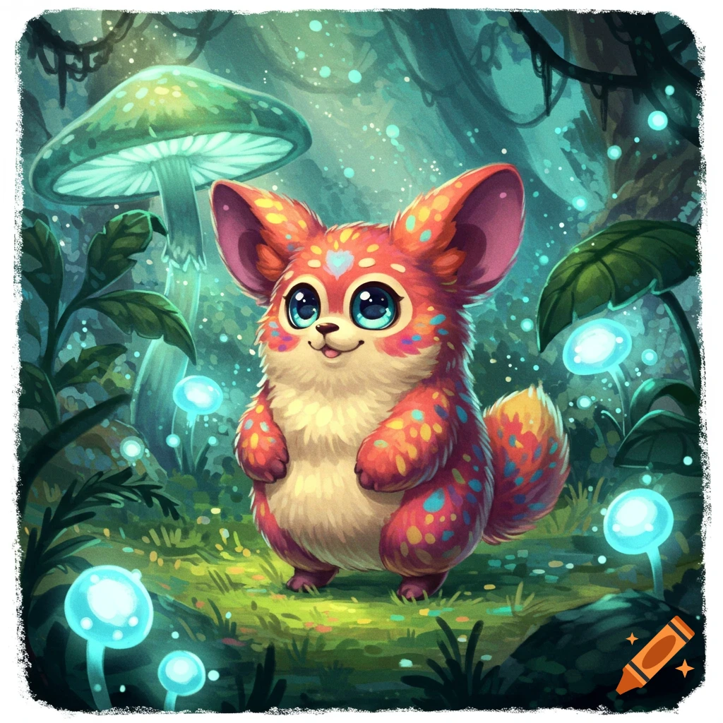 A cute, colorful, furry creature with large blue eyes smiles in a magical, glowing forest with luminous mushrooms.