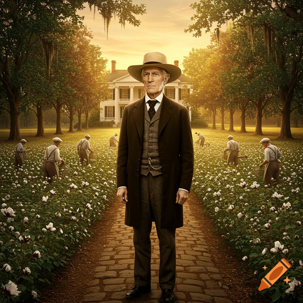 A man in a suit and hat stands on a cobblestone path in a cotton field with workers and a plantation house at sunset, photorealistic style.