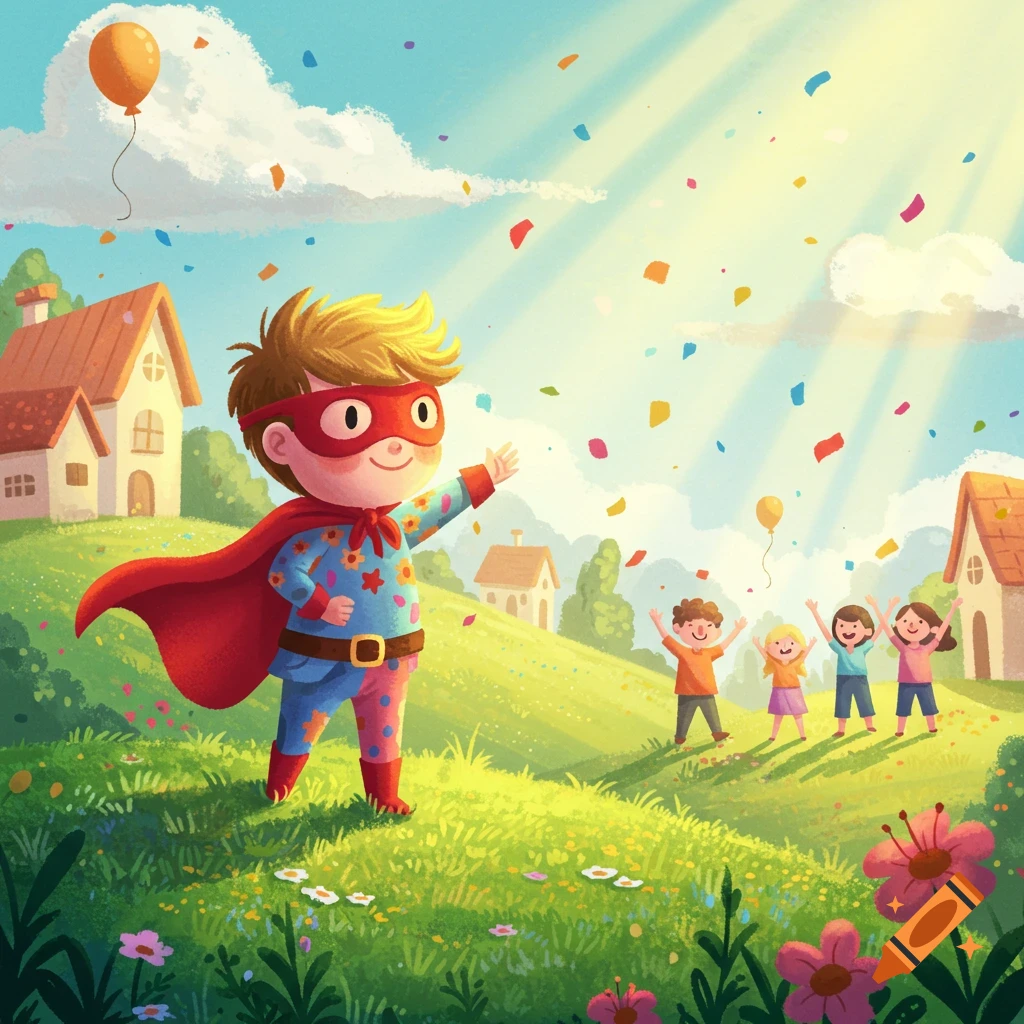 A colorful illustration shows a child in a superhero costume with a red cape, reaching out as confetti falls. Other happy children stand on a sunny green hill with houses in the background.