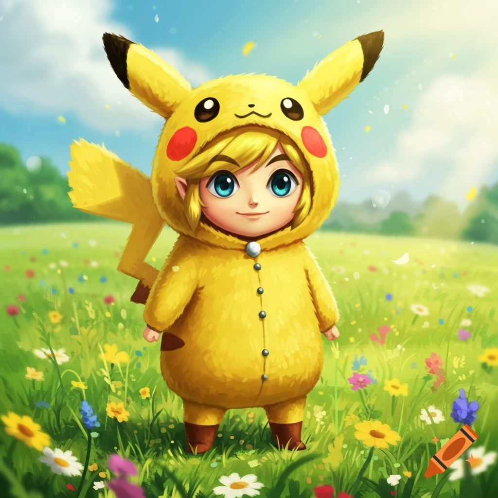 Toon Link dressed as Pikachu in a sunny, flower-filled field.