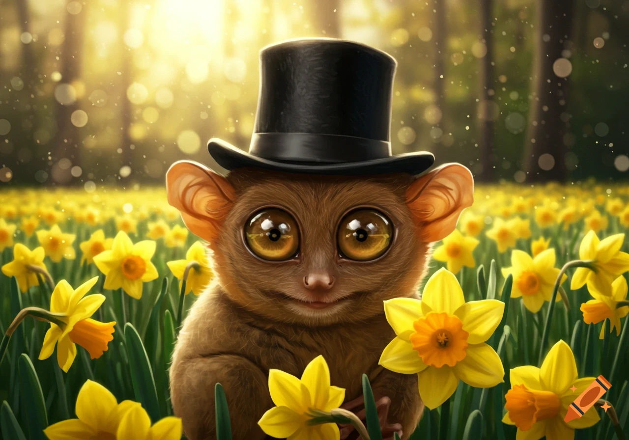 A cute, big-eyed tarsier wearing a black top hat sits in a field of bright yellow daffodils under sunlight.