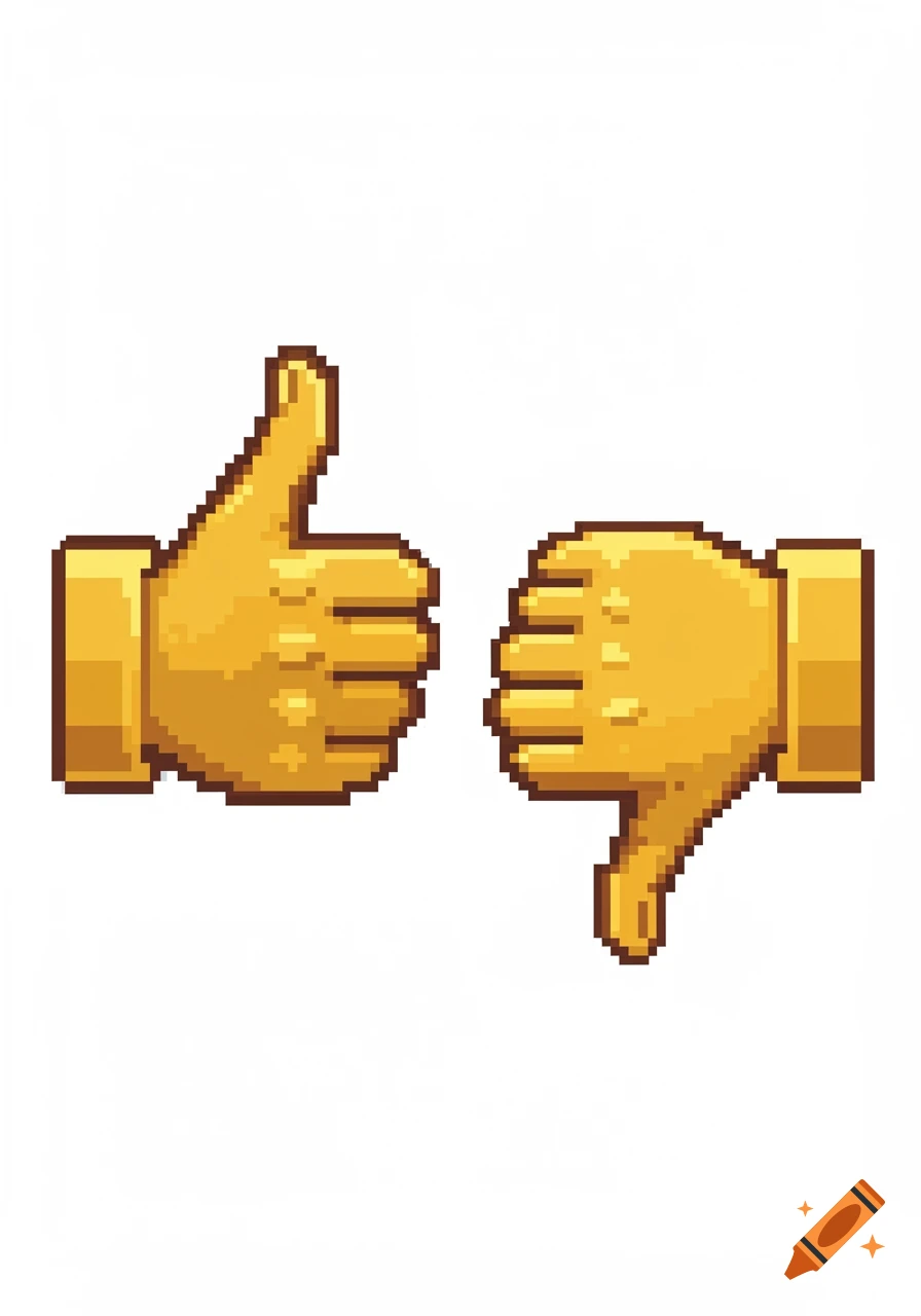 Pixel art image of a yellow thumbs up hand next to a yellow thumbs down hand on a white background.