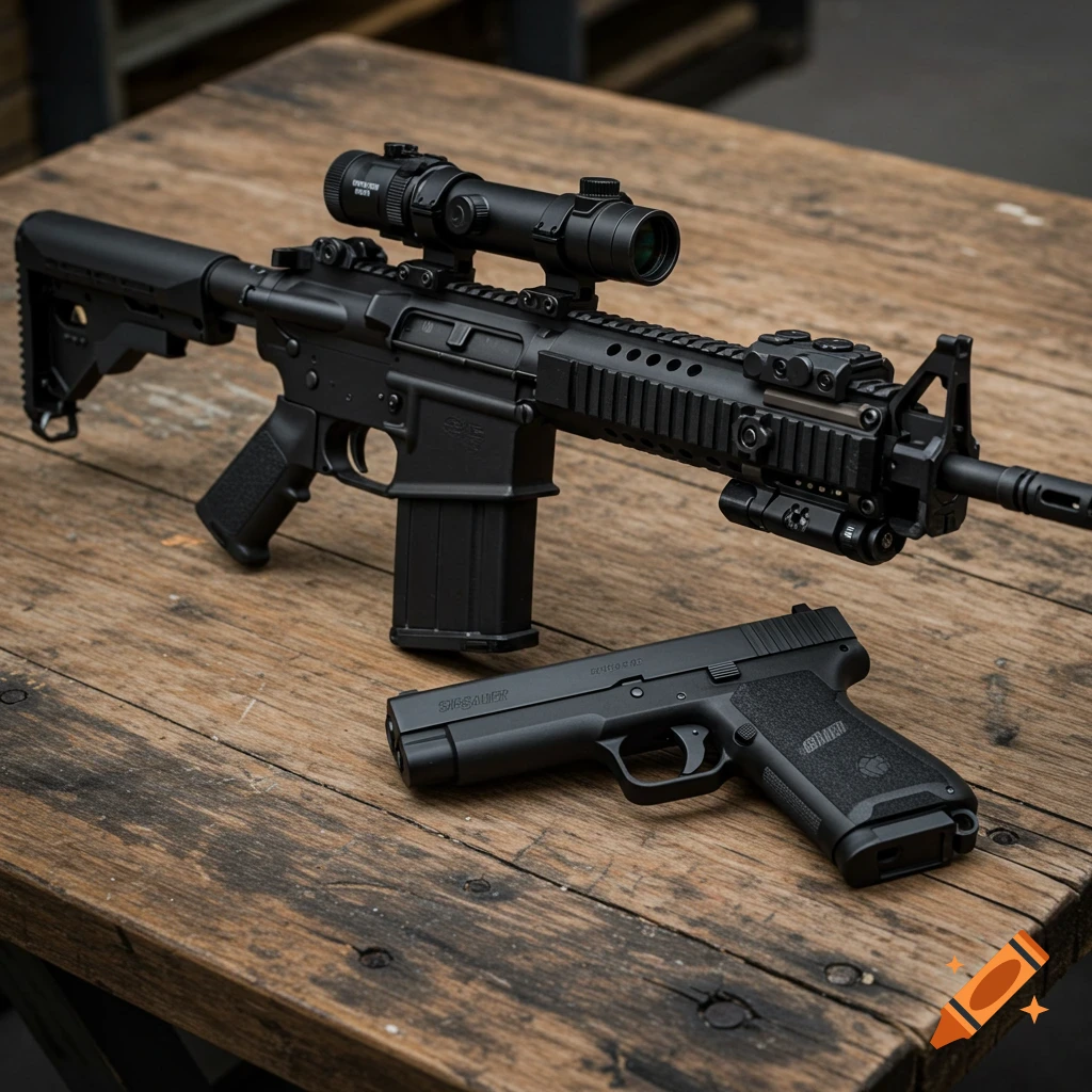 A tactical black M4A1 rifle with an attached scope and a black Sig Sauer pistol lie on a wooden table.