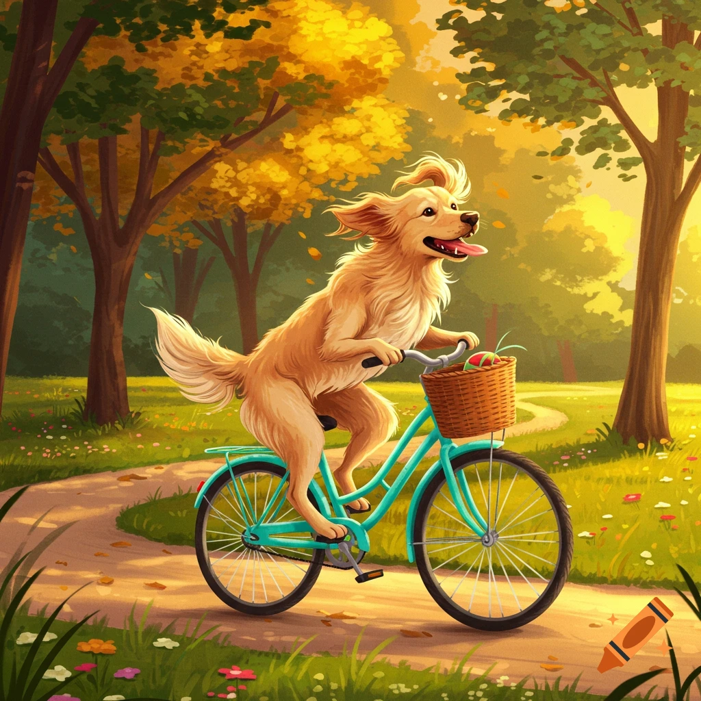 A whimsical illustration of a golden retriever riding a turquoise bicycle with a basket through a sunny autumn park.