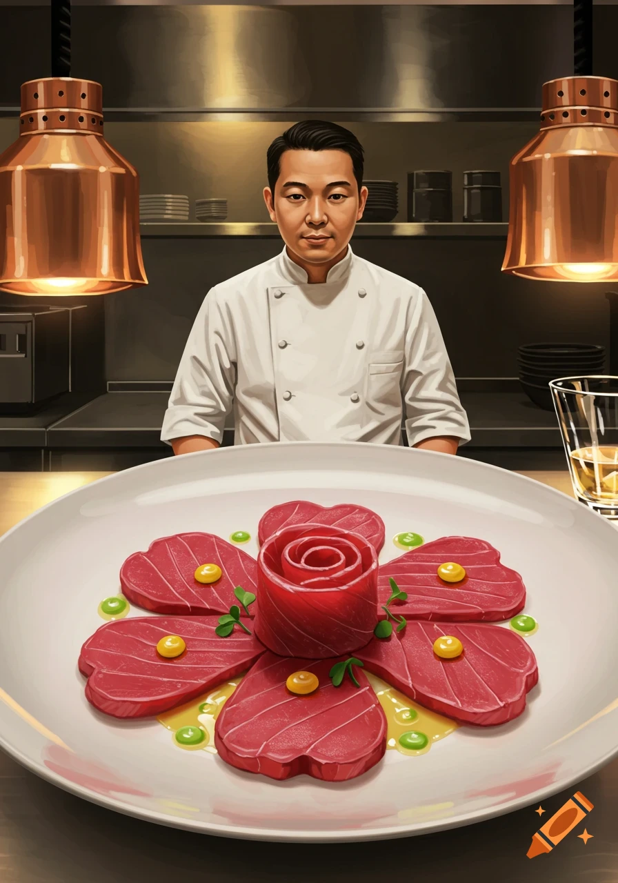An Asian chef in a white uniform stands behind a plate of heart and rose-shaped raw tuna with garnishes in a kitchen setting.