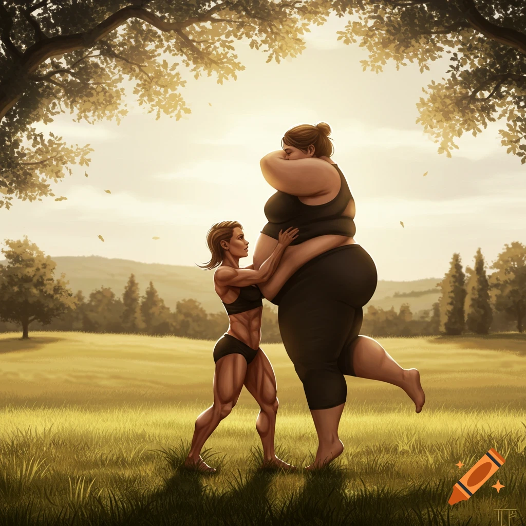 A muscular woman in workout gear lifts and carries a large obese woman in black athletic wear in a sunny grassy field.