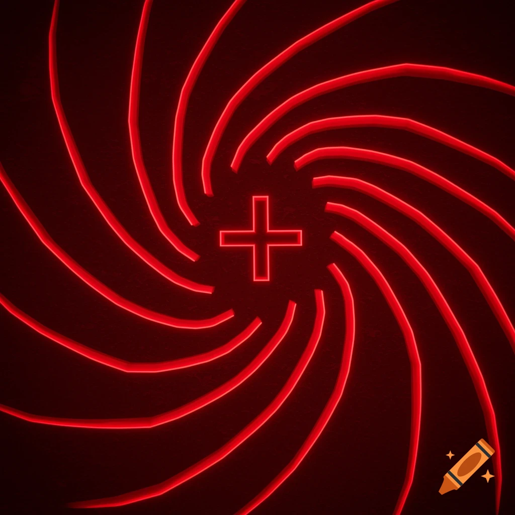 A vibrant red plus sign is at the center of swirling red lines on a dark, almost black background.