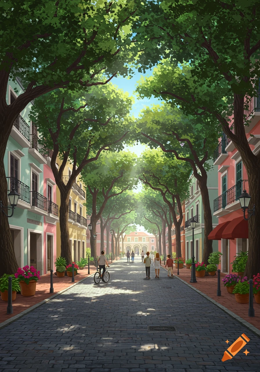 Vibrant illustration of a sunlit, tree-lined cobblestone street with colorful buildings and people walking.