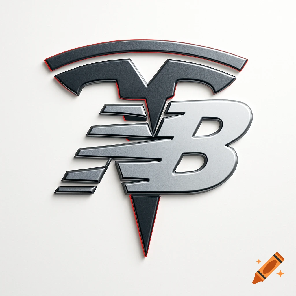 A 3D metallic logo combining Tesla and New Balance symbols, in grey, black, and red, on a white background.