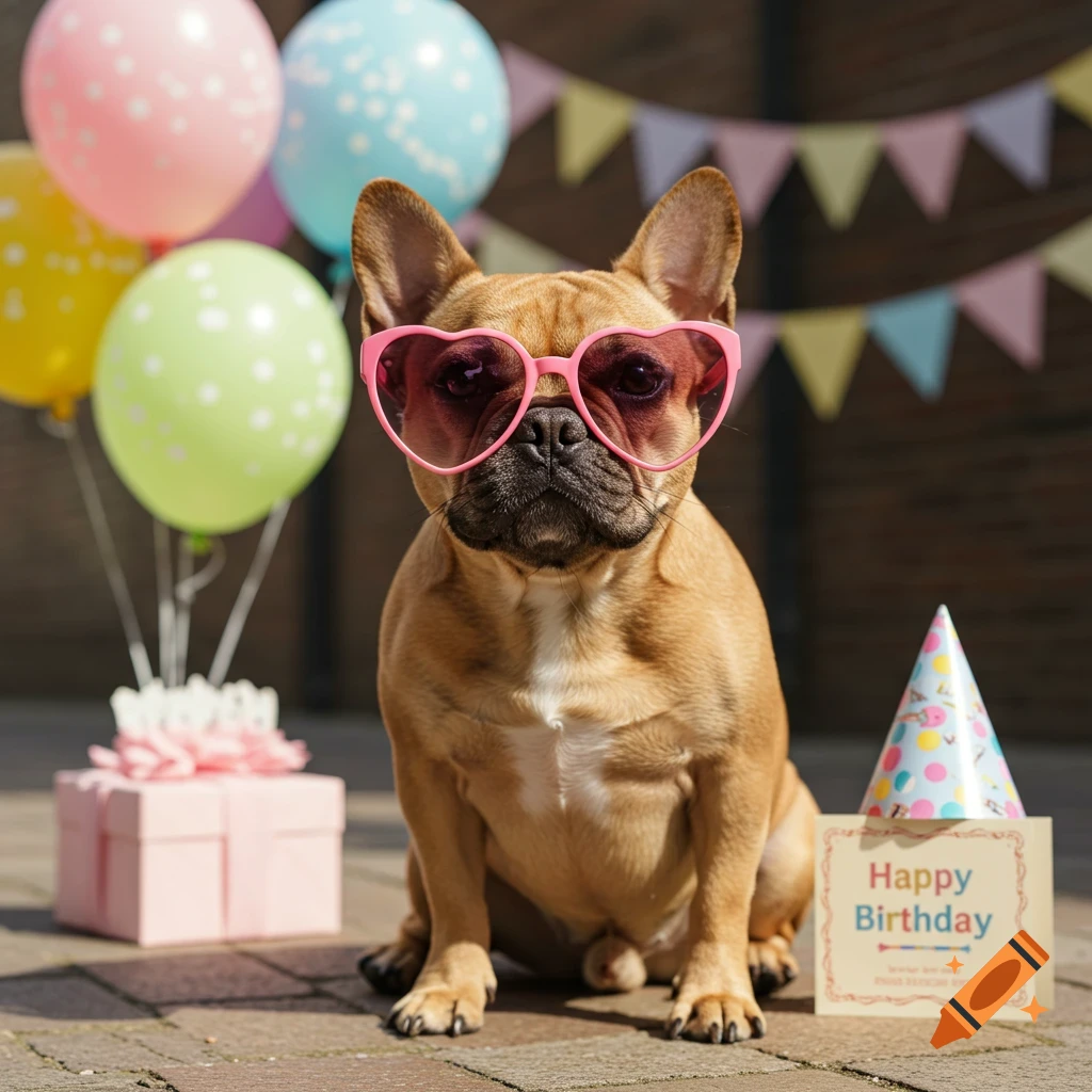 A photorealistic French bulldog in pink heart-shaped sunglasses sits among colorful balloons, a pink gift box, and a 'Happy Birthday' sign.