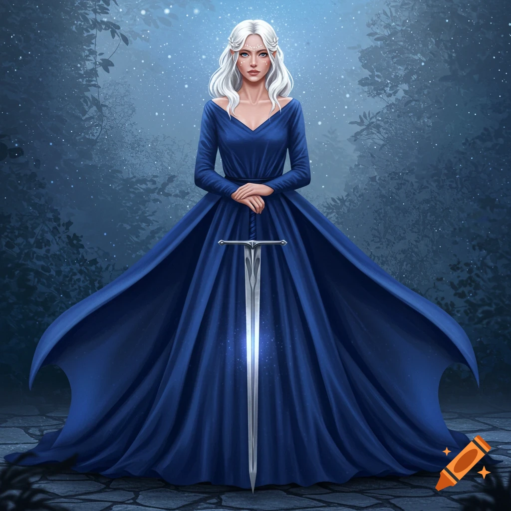 A white-haired woman in a flowing blue gown holds a glowing sword in a dark, magical forest.