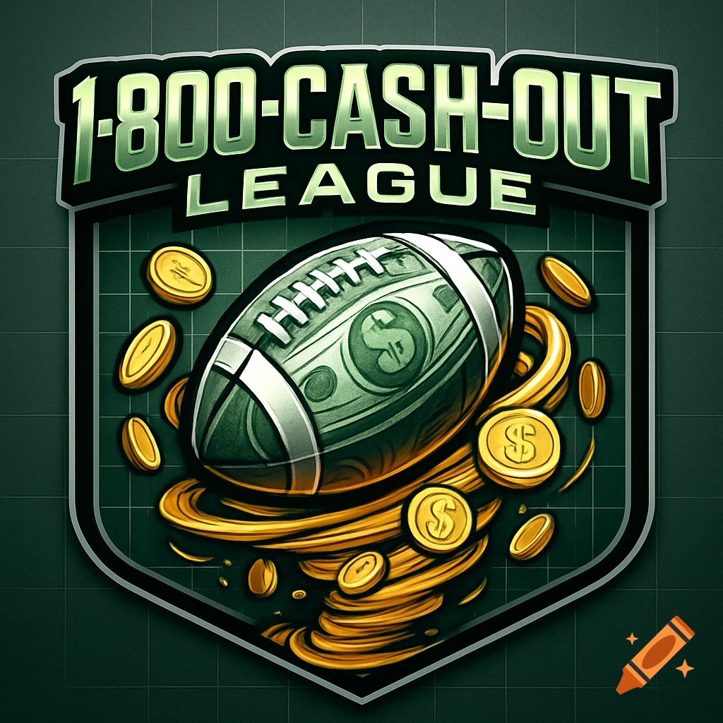 A shield-shaped logo featuring a football made of money, gold coins swirling around it, and the text "1-800-CASH-OUT LEAGUE".