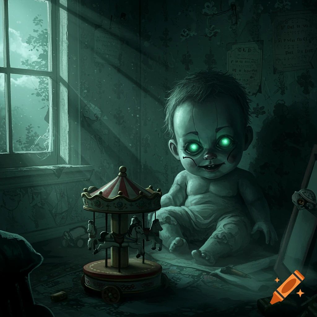 A creepy baby doll with glowing green eyes sits on the floor next to a miniature carousel in a dimly lit, eerie room.