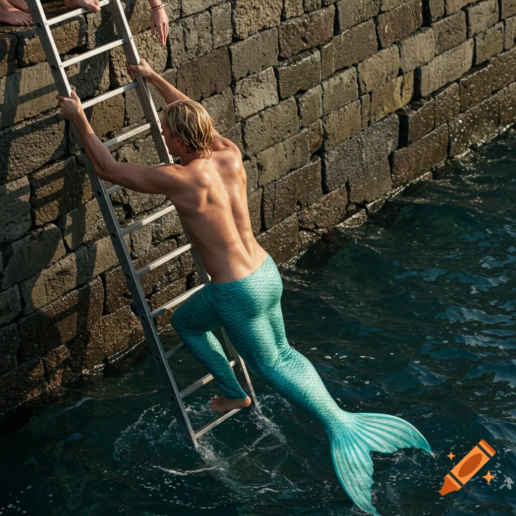 A merman with a blond ponytail climbs a ladder out of the ocean next to a stone wall, his teal scales shimmering.