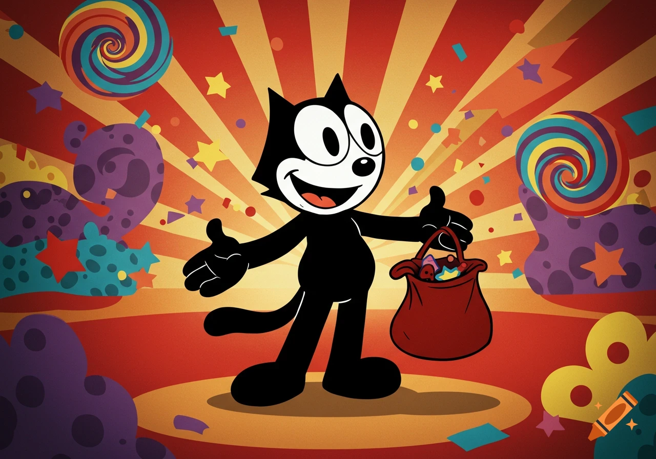 Felix the Cat holds a bag of candy on a striped stage with confetti and lollipops, cartoon style.