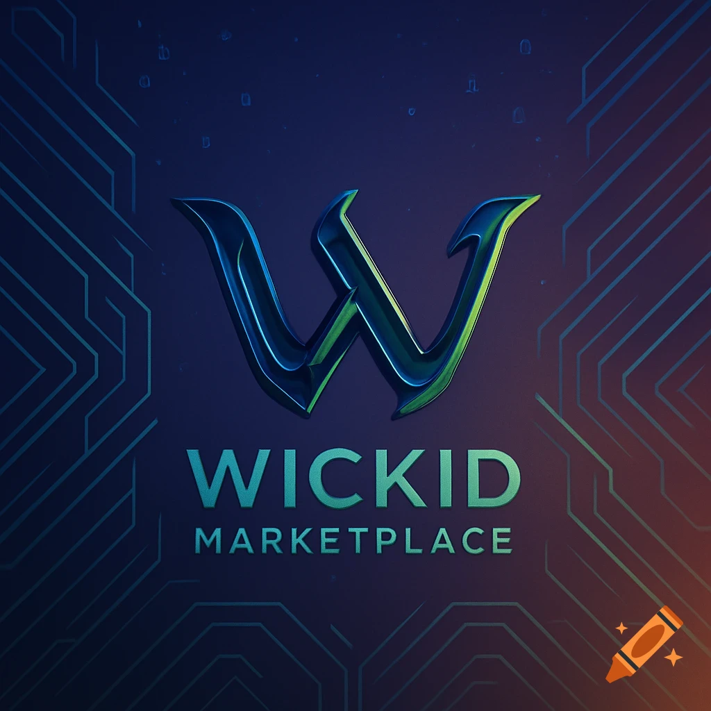 A metallic blue and green 'W' logo above the words 'WICKID MARKETPLACE' on a dark blue digital circuit background.