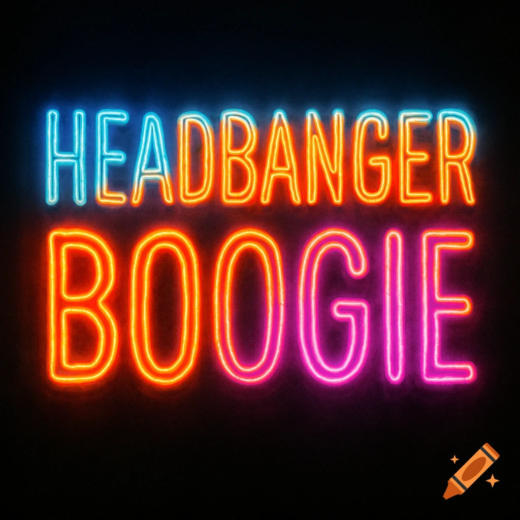 Neon sign displaying 'HEADBANGER BOOGIE' in blue, orange, and pink letters on a black background.