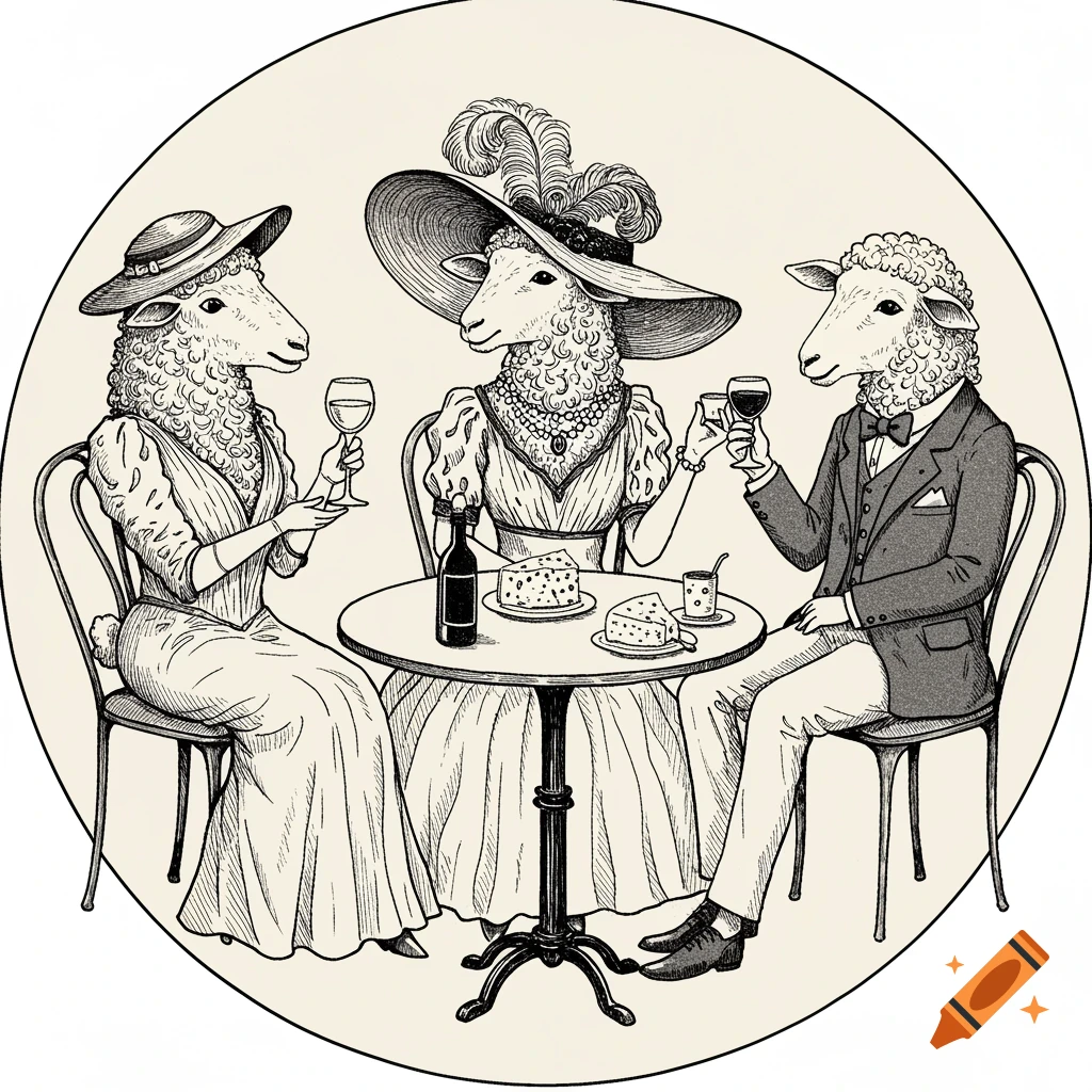 Black and white ink illustration of three anthropomorphic sheep in vintage attire drinking wine at a cafe table with cheese.