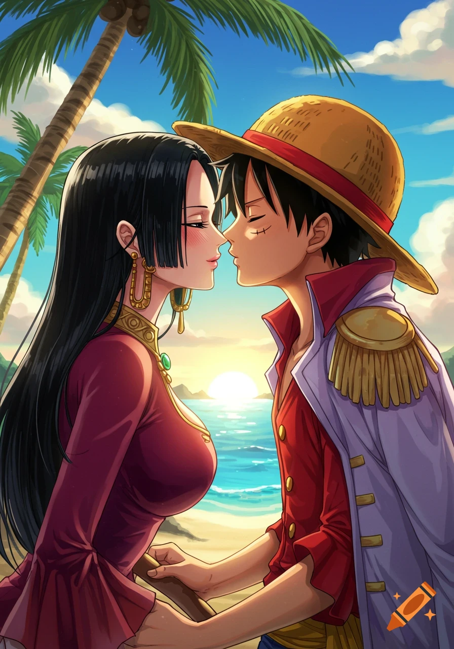 Anime style illustration of Luffy and Hancock from One Piece, leaning in for a kiss on a tropical beach at sunset.