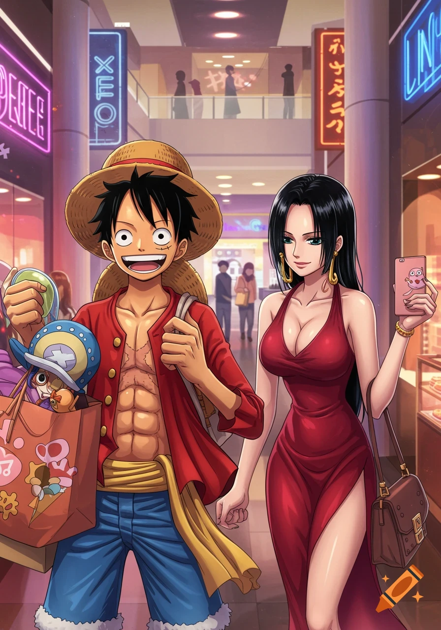Luffy and Boa Hancock are shopping together at a mall. Luffy carries shopping bags, and Hancock holds a phone.