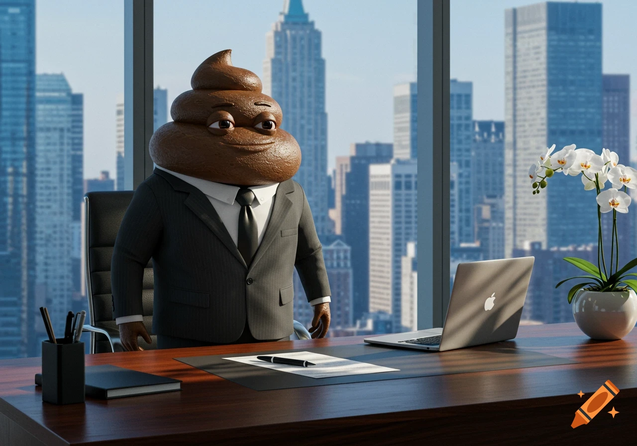A smiling 3D poop emoji in a business suit stands behind an office desk with a laptop and orchid, city skyline view.