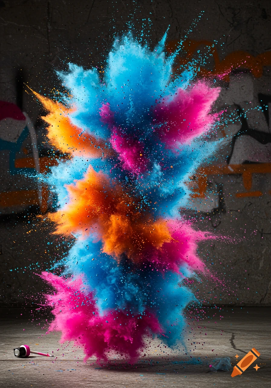 Vibrant blue, pink, and orange powder exploding against a dark, graffiti-covered concrete wall.