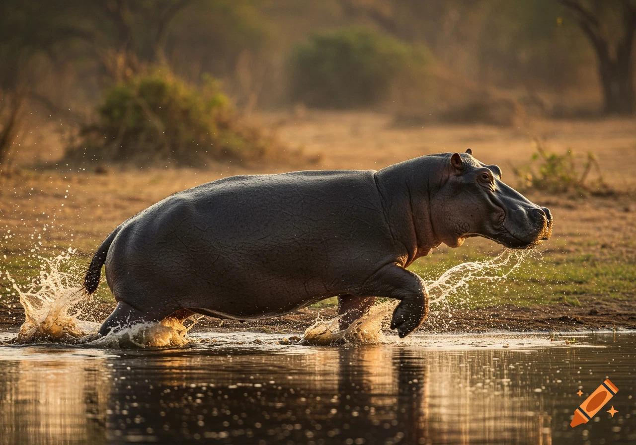 A photorealistic side-view of a hippo running through shallow water, splashing, on an African riverbank at sunset.