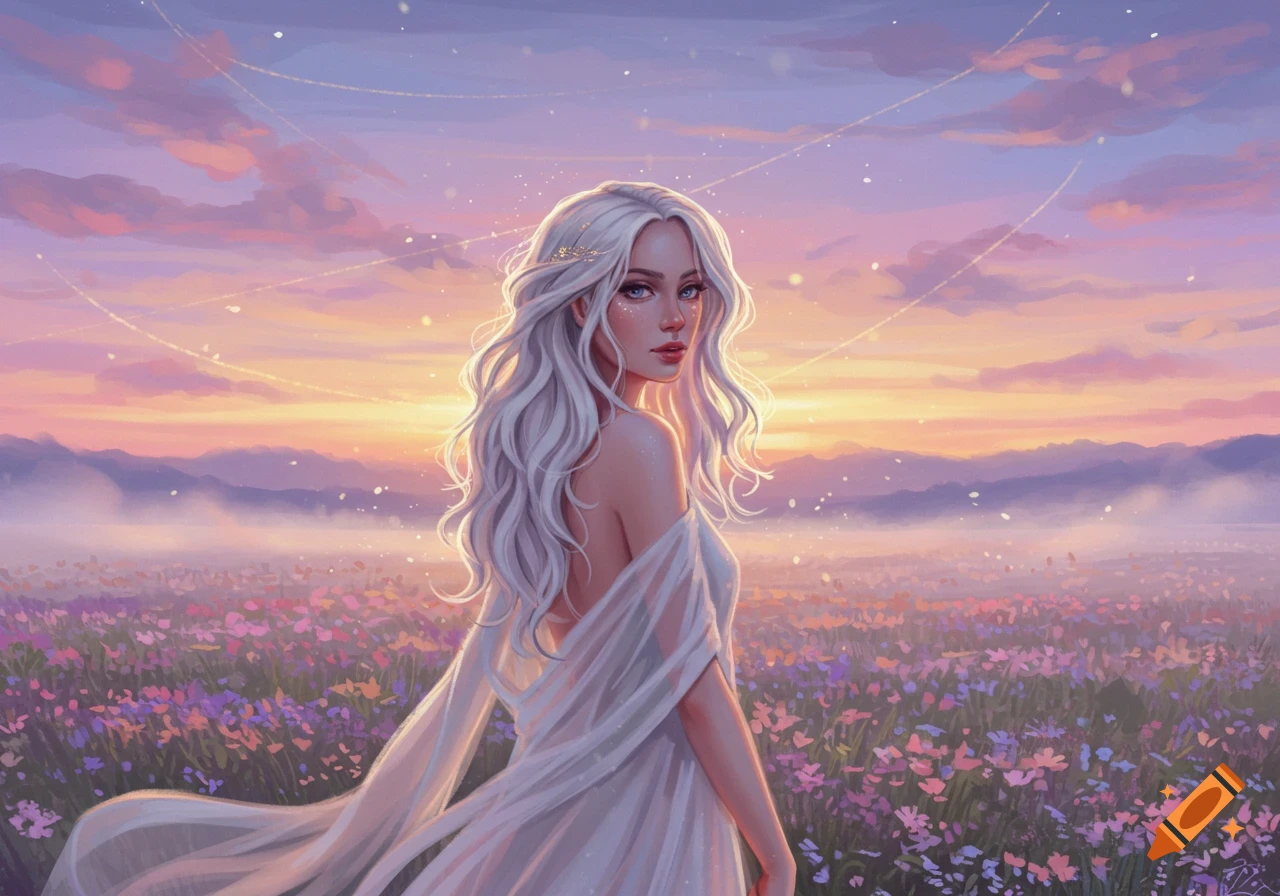 A beautiful woman with long white hair in a white dress stands in a vibrant field of flowers at sunset, looking over her shoulder.