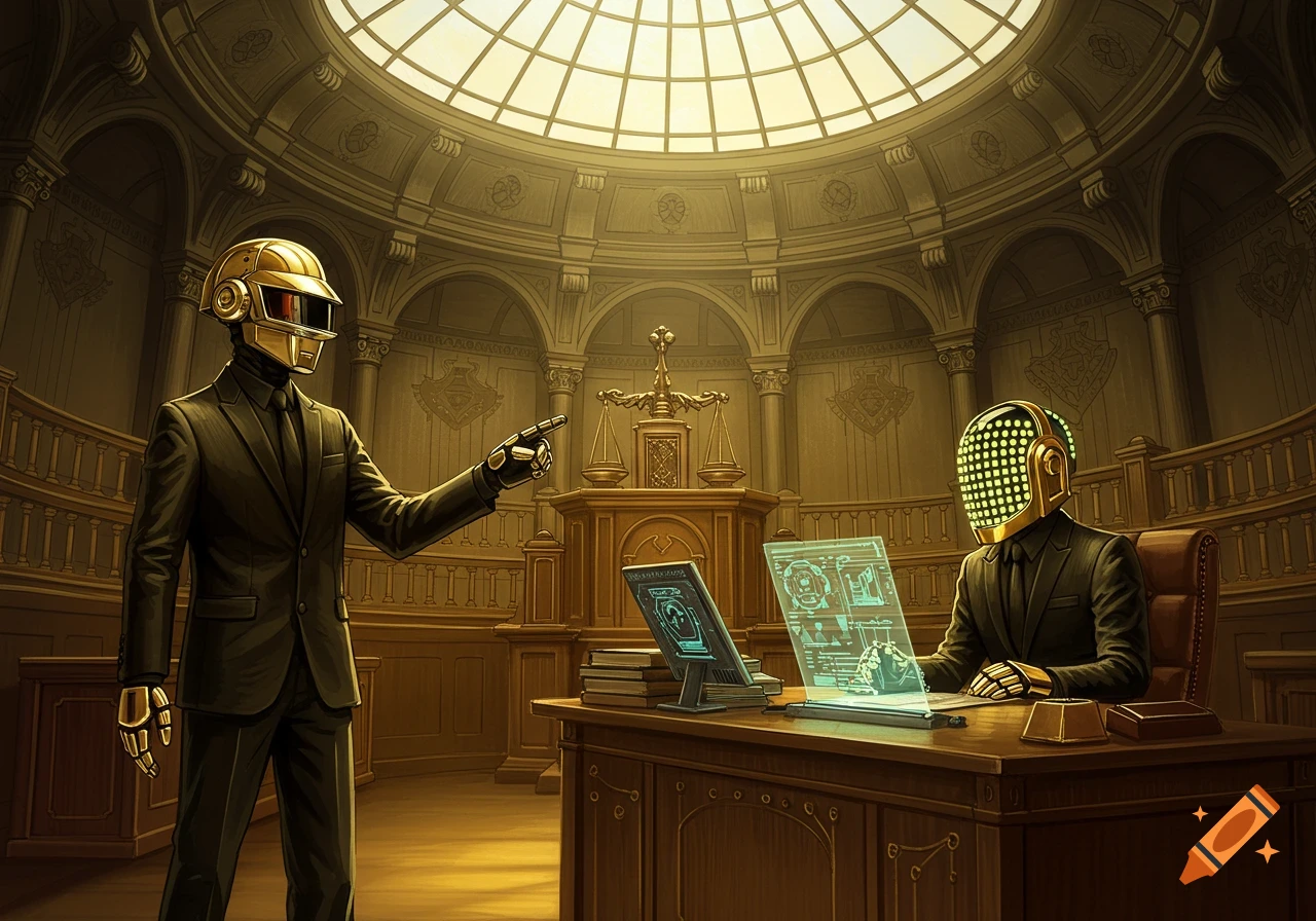 Two robot figures resembling Daft Punk in a courtroom, one standing and pointing, the other seated at a desk with holographic screens.