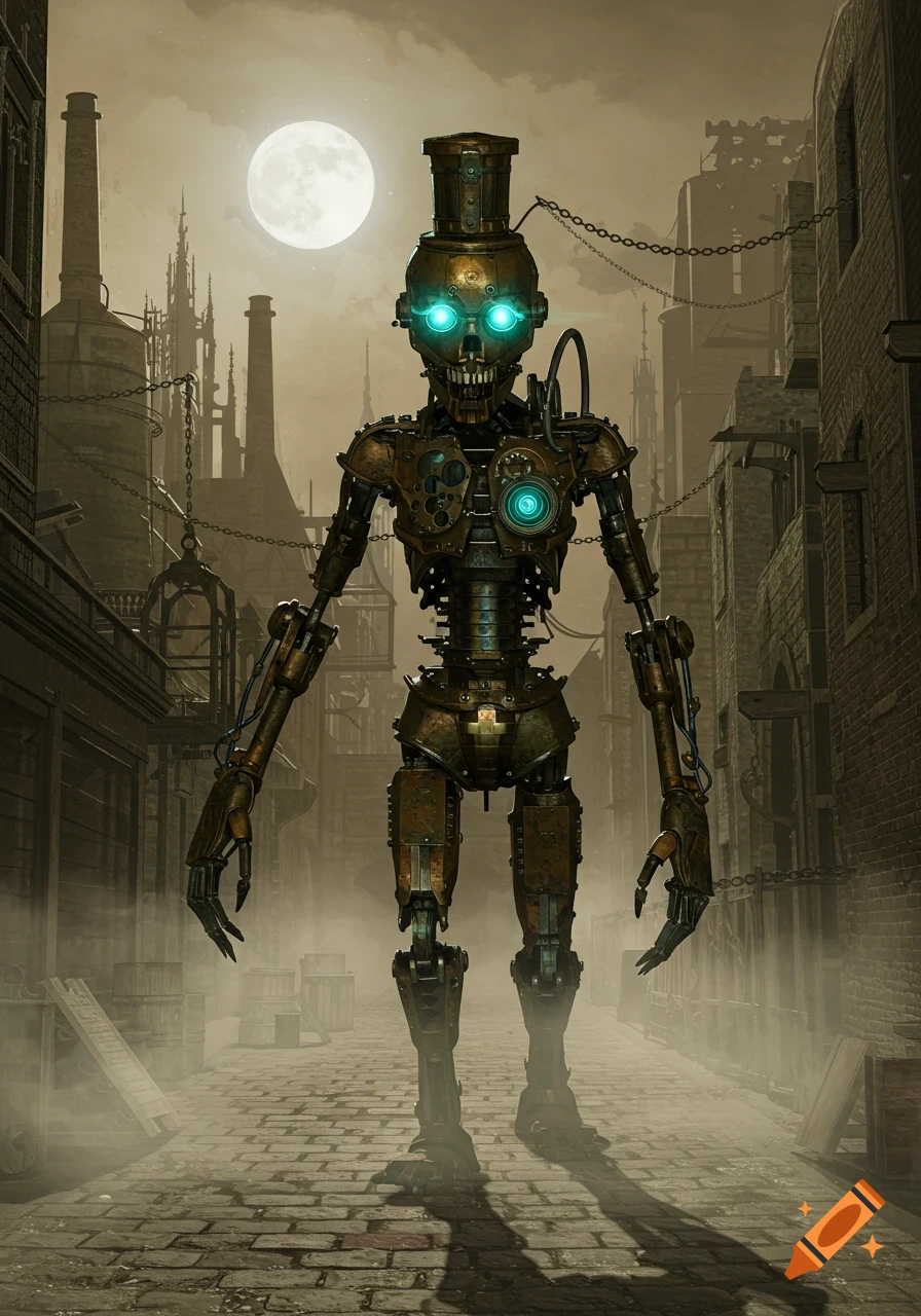 A creepy steampunk robot with glowing eyes and a top hat stands in a foggy, moonlit city alley.