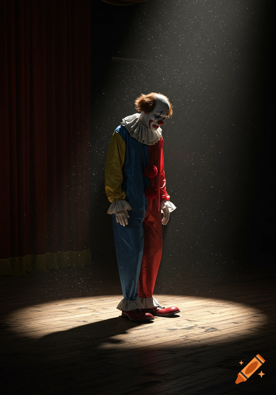 A sad clown in a colorful costume stands alone on a spotlighted wooden stage with a red curtain, looking down.