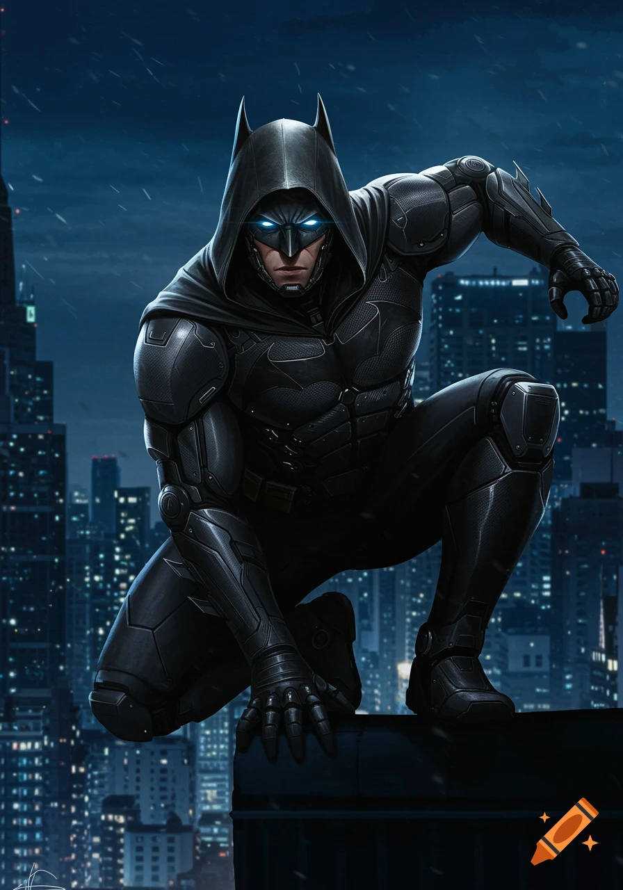 Batman in a dark armored suit with a hood and glowing blue eyes crouches on a city rooftop at night, digital art.