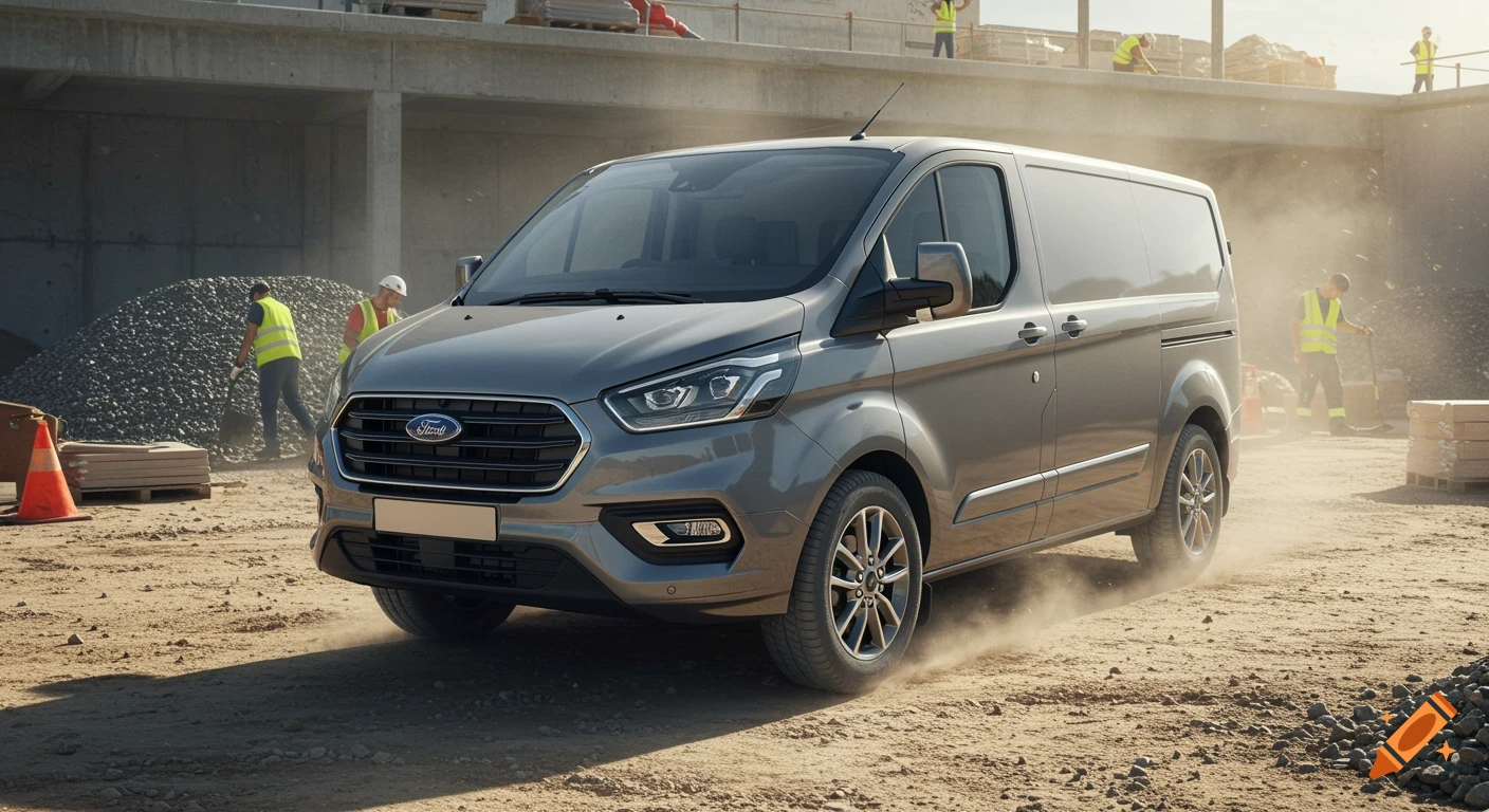 A gray Ford Transit Custom van parked on a dusty construction site with workers and gravel piles in the background.
