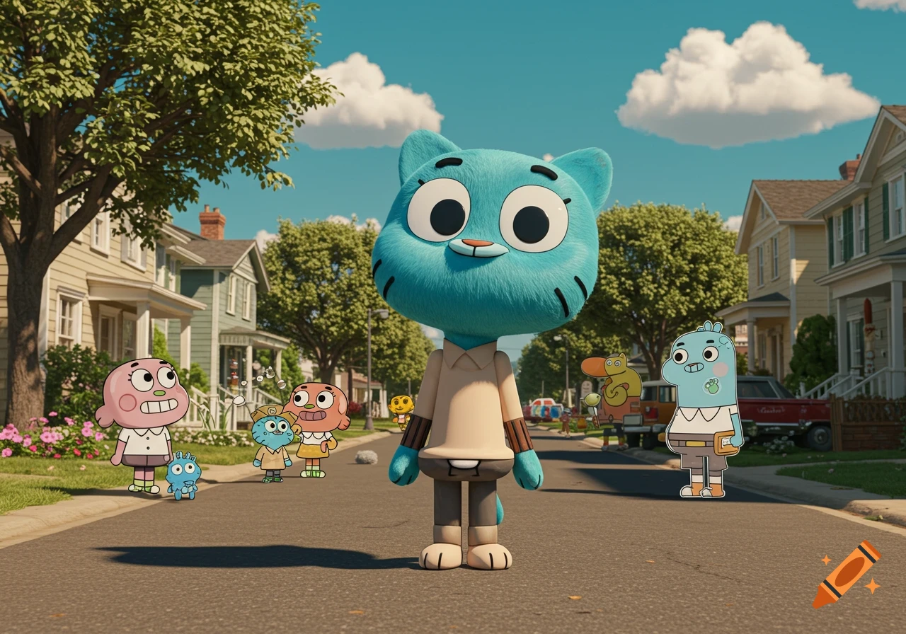 A live-action 3D animated blue cat character standing in a suburban street with other cartoon characters.