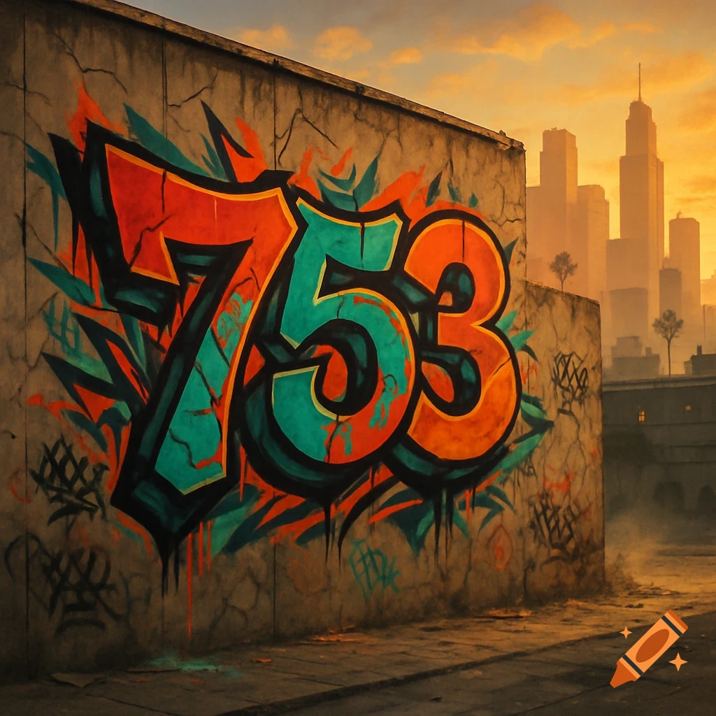 Vibrant graffiti art of the numbers 753 on a concrete wall in an urban setting with a sunset sky and cityscape background.