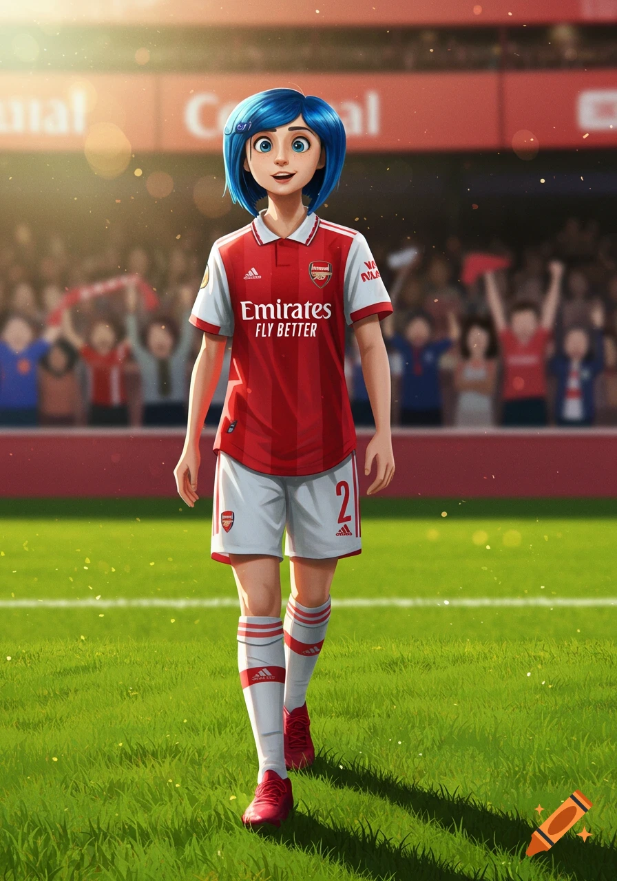 Cartoon Coraline character with blue hair in a red and white Arsenal soccer uniform, standing on a green field in a stadium.