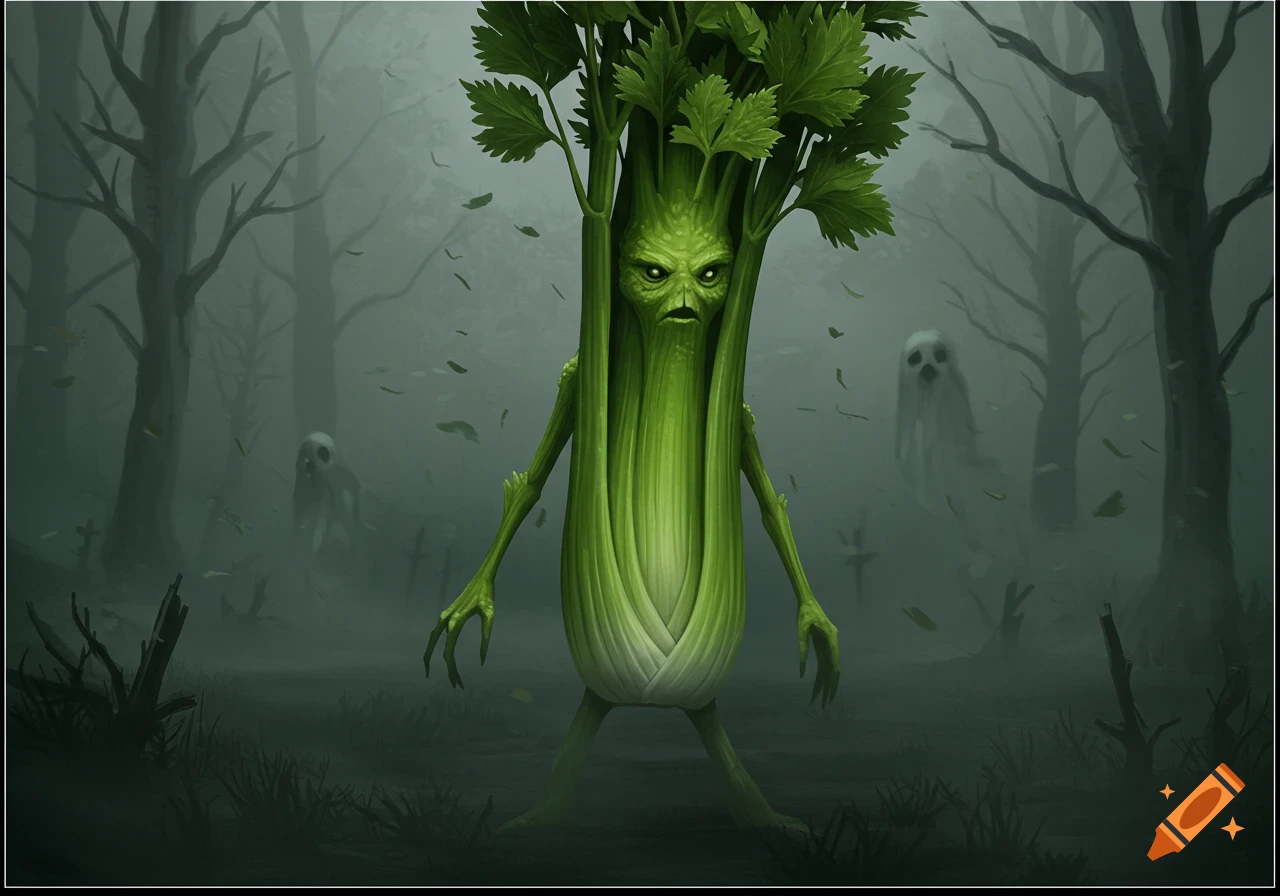 A menacing celery monster with glowing eyes stands in a dark, foggy graveyard with trees and ghosts in the background, digital painting.