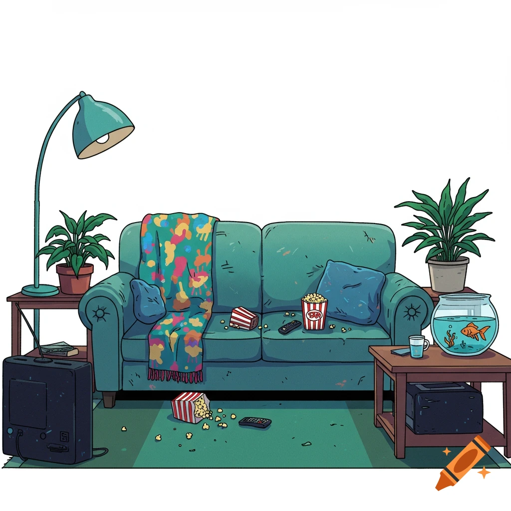 A cozy cartoon illustration of a messy living room with a green couch, popcorn, a goldfish in a bowl, plants, and a lamp.