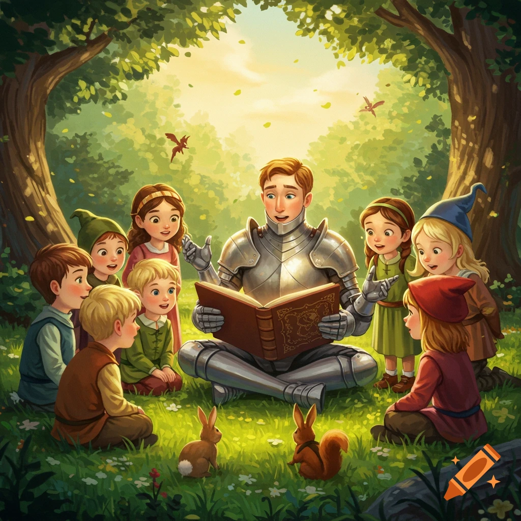 A knight in shining armor reads from a book to a group of children and two rabbits in a bright, sunlit forest clearing, in an illustration style.
