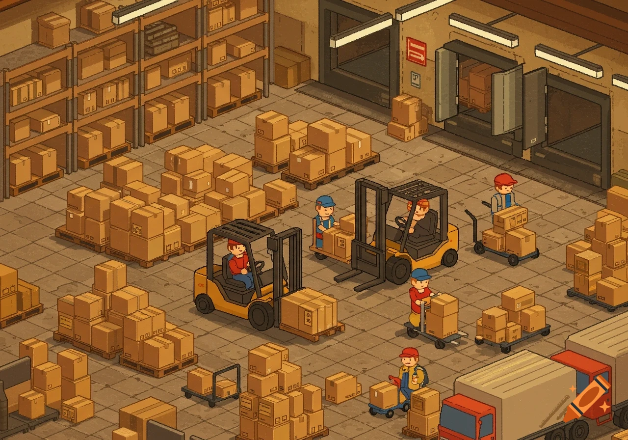 Pixel art isometric view of a bustling warehouse with workers, forklifts, and stacks of packages.
