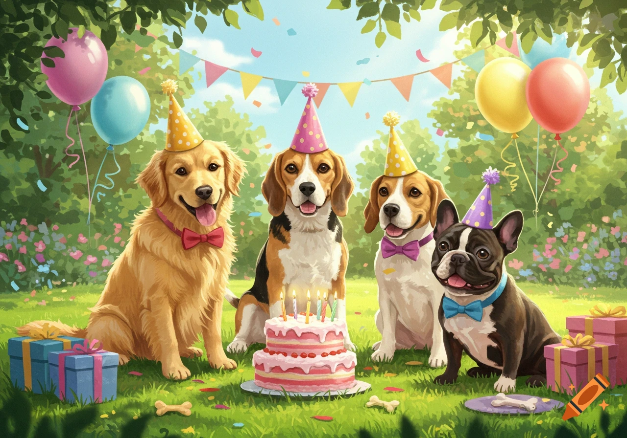 Four dogs in party hats and bowties celebrate a birthday outdoors with a cake, gifts, and balloons in a painterly style.