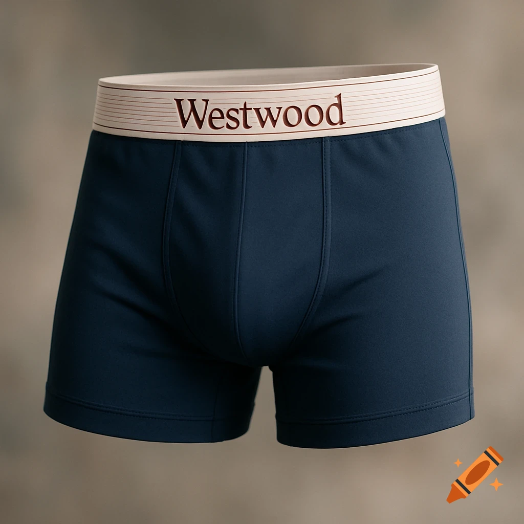 A close-up photorealistic shot of dark blue men's boxer briefs with a white elastic band featuring red 'Westwood' text and faint pinstripes.