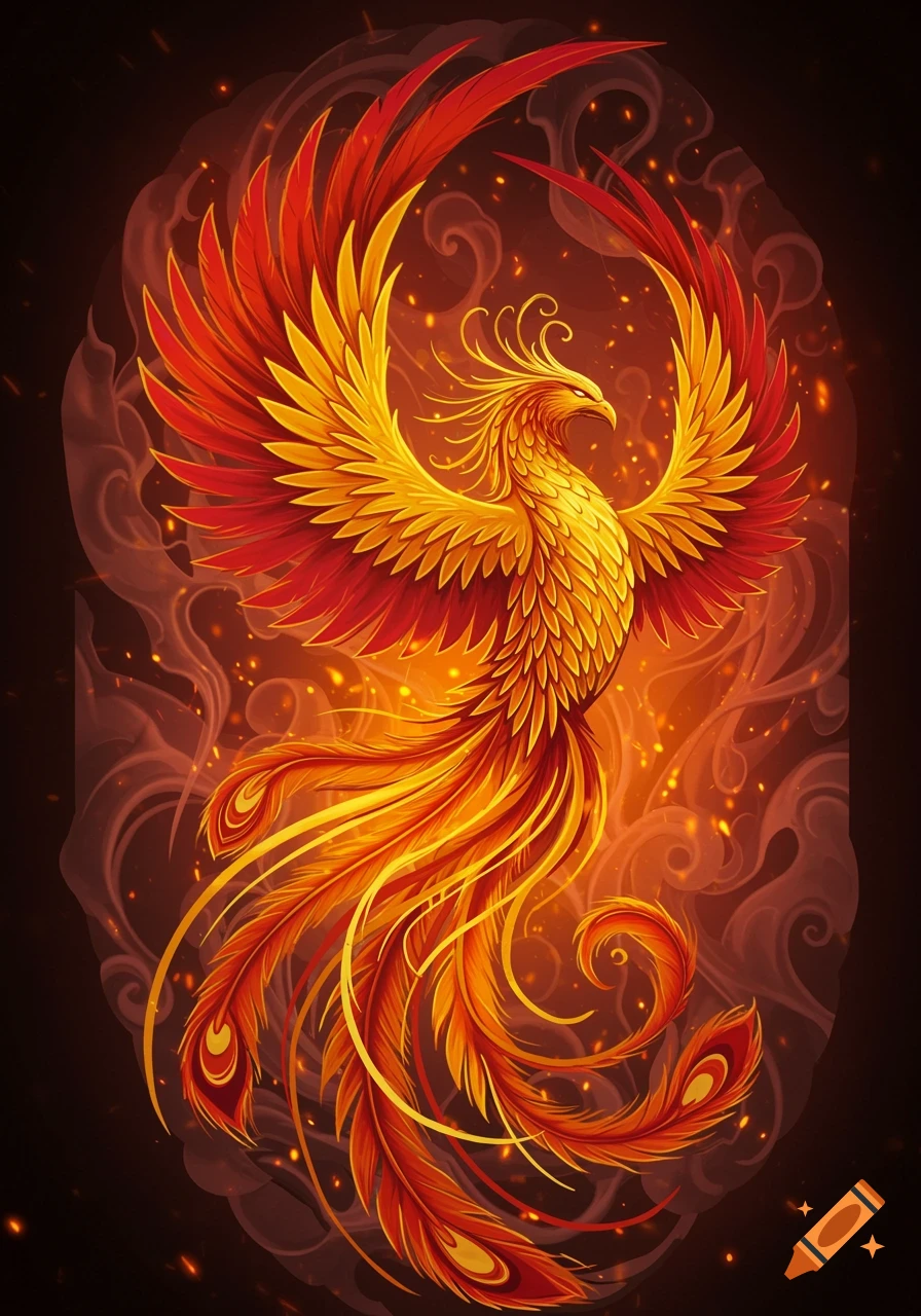 A vibrant, illustrative phoenix with fiery red, orange, and gold feathers, wings outstretched against a dark, smoky background with embers.