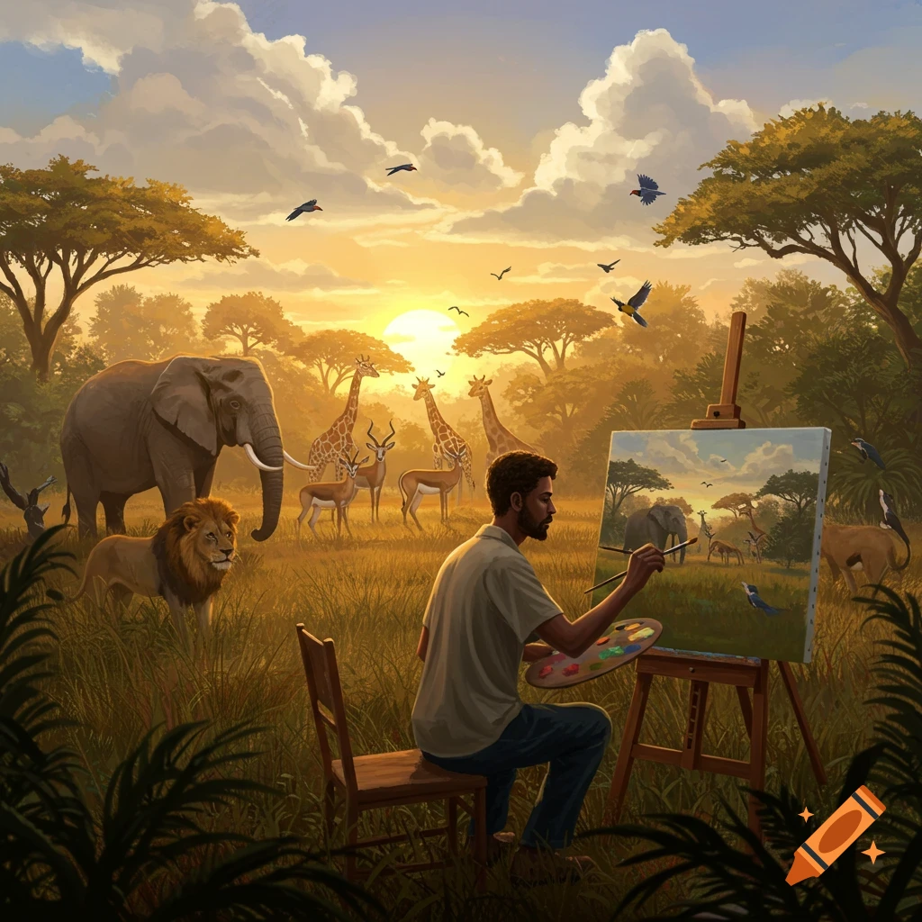 A man paints a vibrant savanna scene with an elephant, lion, giraffes, and gazelles under a sunset sky.
